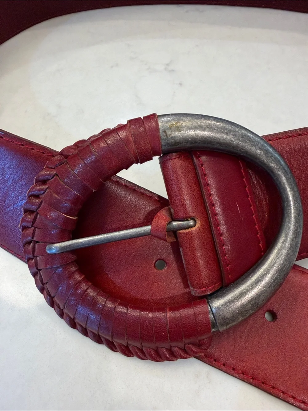 Red Wide Leather Belt with Round Braided Buckle